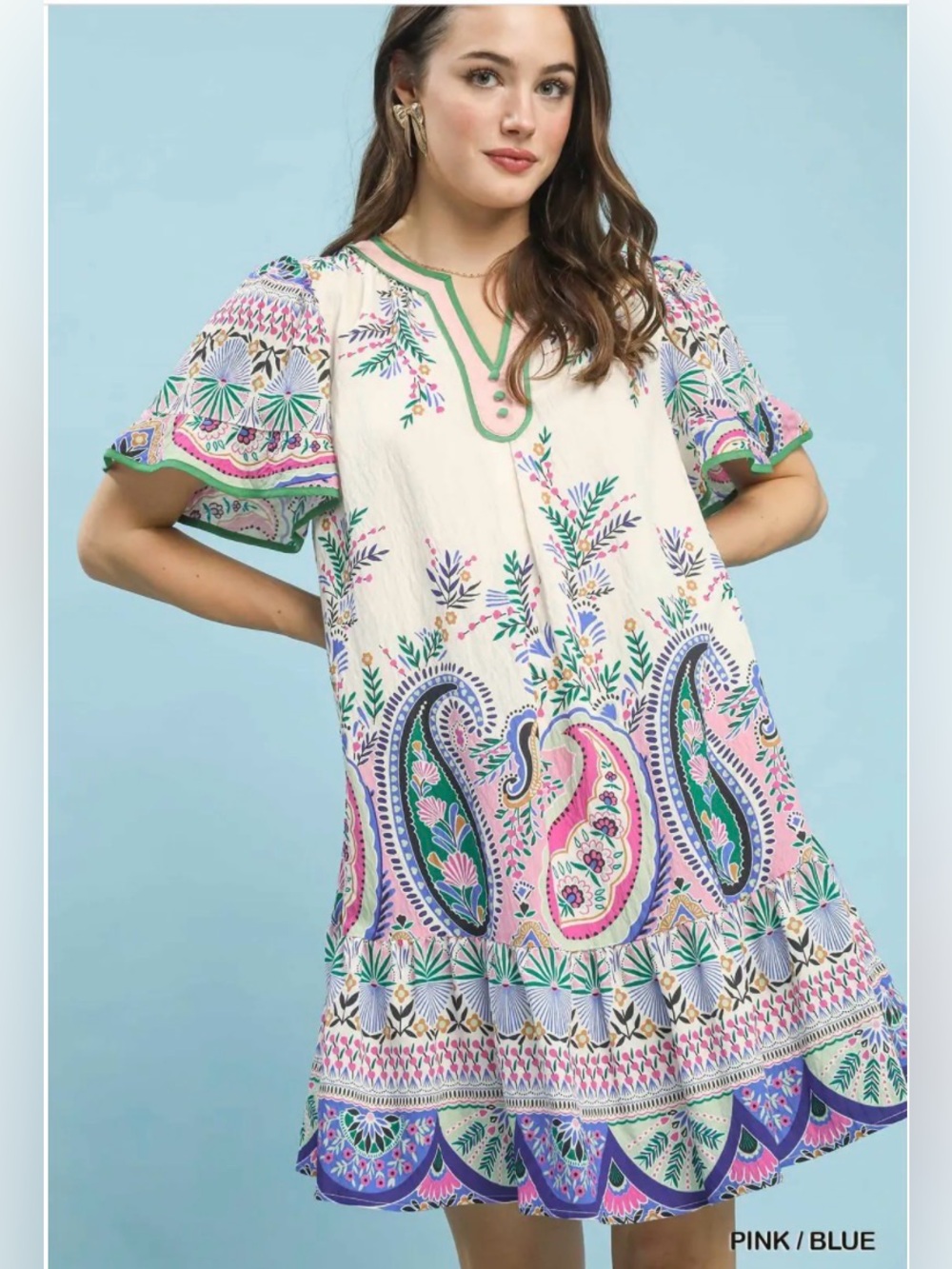 🌸 Umgee Paisley Flutter Sleeve Mini Dress – Pink Blue Boho Dress 🌸